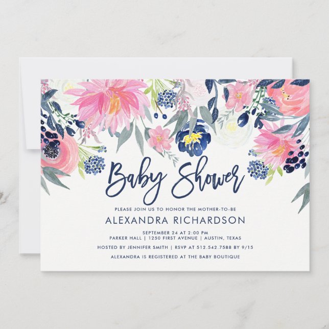 Invitation Baby shower floral moderne Blush et Navy (Devant)