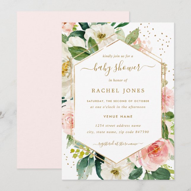 Invitation Baby shower floral moderne Blush Gold (Devant / Derrière)