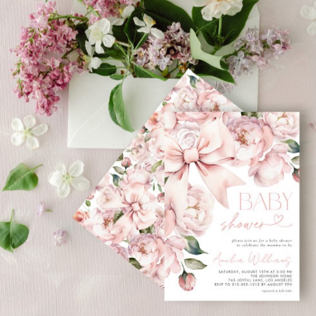 Invitation Baby shower floral moderne de fille de la Bow (Créateur téléchargé)