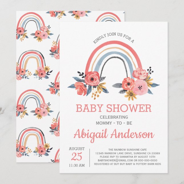 Invitation baby shower Floral Moderne Elégant Arc-en-ciel (Devant / Derrière)