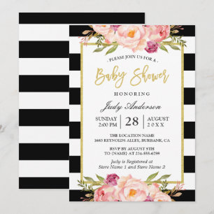Invitation Baby shower Floral moderne Gold Black White Stripe