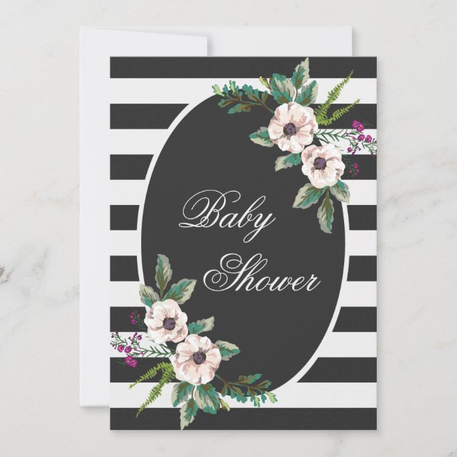 Invitation Baby shower floral moderne noir blanc rayures (Devant)