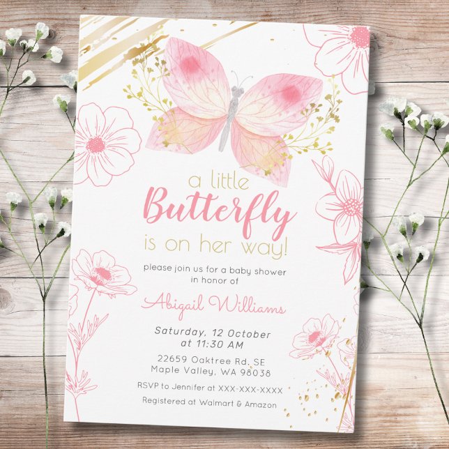 Invitation Baby shower floral moderne papillon rose Gold Girl (Créateur téléchargé)