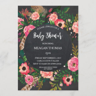 Invitation Baby shower floral moderne plumes de tableau noir