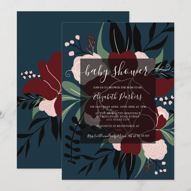 Invitation Baby shower floral modifiable bleu marine d'hiver (Devant / Derrière)
