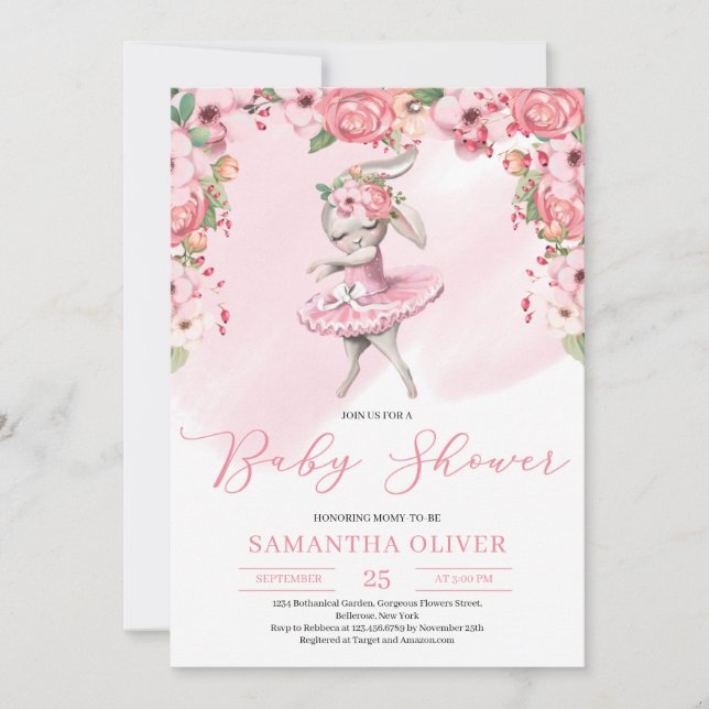 Invitation Baby shower floral moelleux de lapin tutu (Devant)