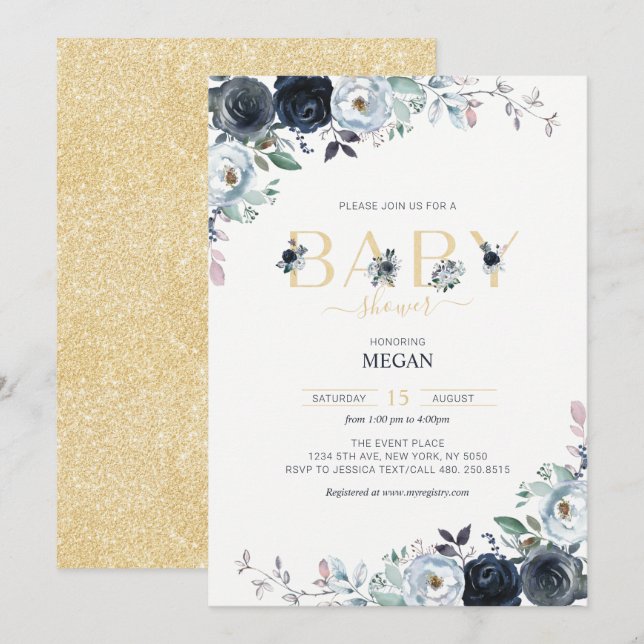 Invitation Baby shower floral Navy Blue & Gold Boho (Devant / Derrière)