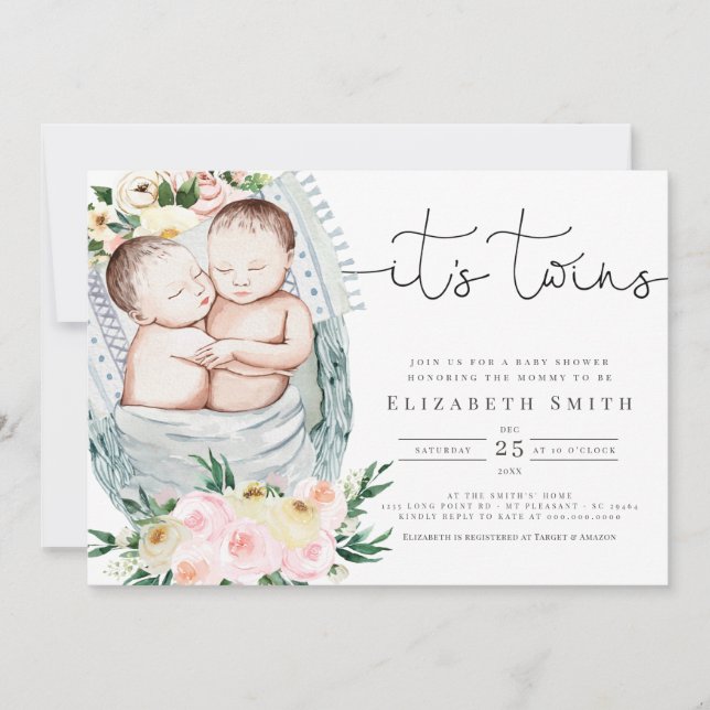 Invitation Baby shower floral neuf pour les jumeaux (Devant)