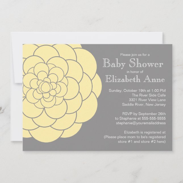 Invitation Baby shower floral neutre en fleurs de dahlia jaun (Devant)