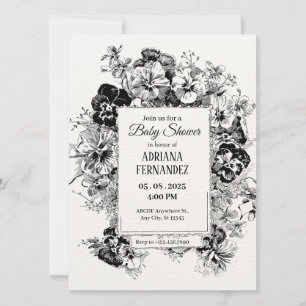 Invitation baby shower floral noir et blanc