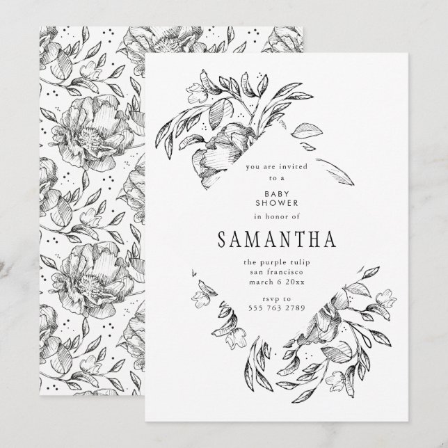 Invitation Baby shower floral noir romantique (Devant / Derrière)