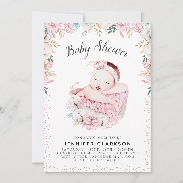 Invitation Baby shower floral nouveau-né (Devant)