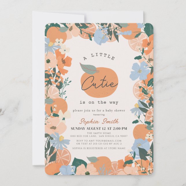 Invitation Baby shower Floral Orange Little Cutie (Devant)