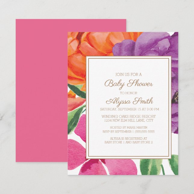 Invitation Baby shower Floral orange violet rose (Devant / Derrière)