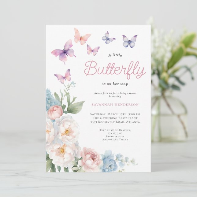 Invitation Baby shower floral papillon rose (Debout devant)