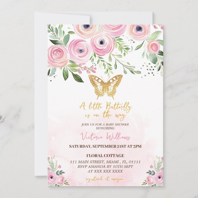 Invitation Baby shower floral papillon rose fille (Devant)