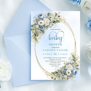 Invitation Baby Shower Floral Pastel Bleu Eucalyptus Or