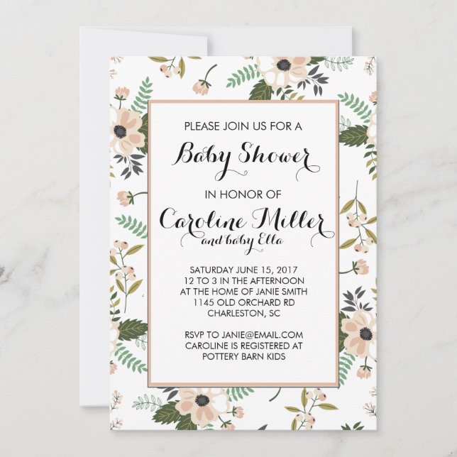 Invitation Baby shower Floral Peach (Devant)