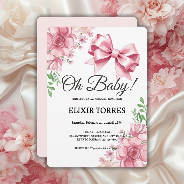Invitation Baby shower Floral Pink Bow (Créateur téléchargé)