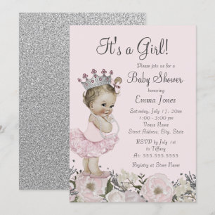 Invitation Baby shower Floral Pink Silver Princess