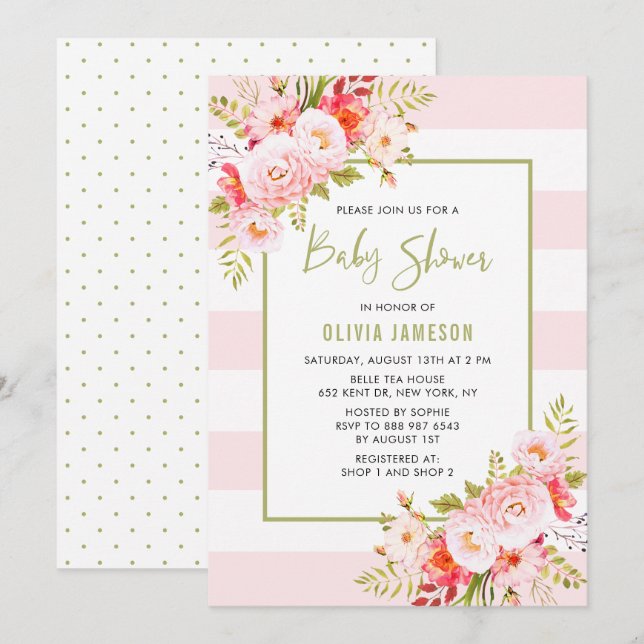 Invitation Baby shower Floral Pink Stripes (Devant / Derrière)