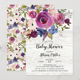 Invitation Baby shower Floral Plum Bleu Rustique