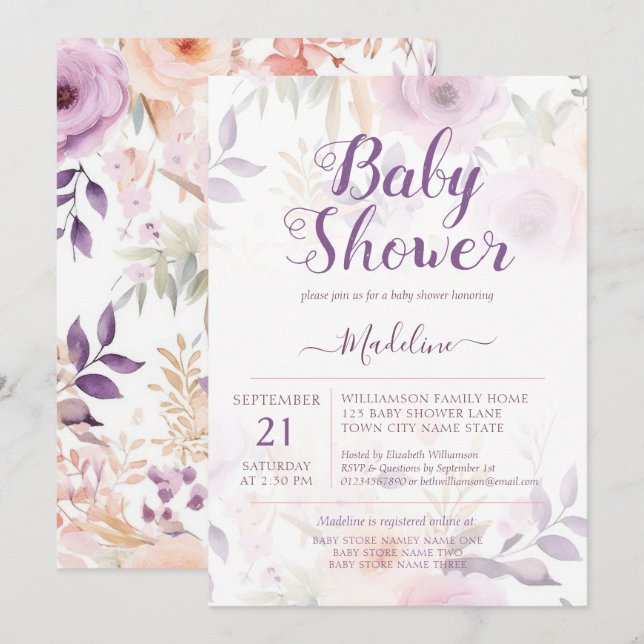 Invitation Baby shower Floral Plum Purple Moderne (Devant / Derrière)