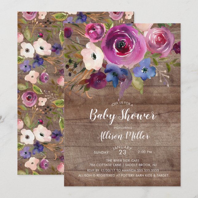 Invitation Baby shower Floral Plum Rustique (Devant / Derrière)