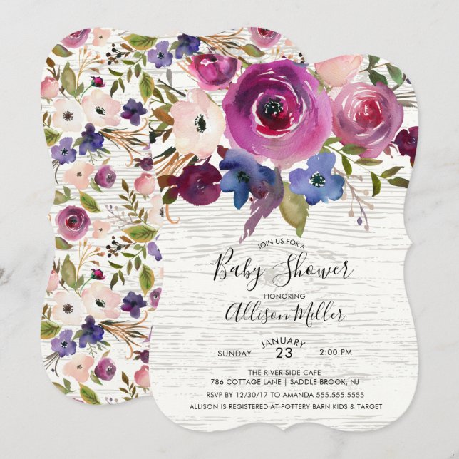 Invitation Baby shower Floral Plum Rustique (Devant / Derrière)