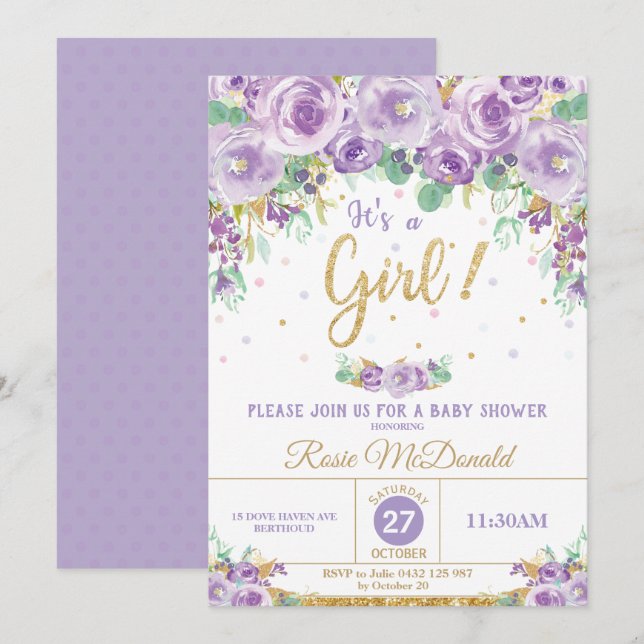 Invitation Baby shower floral pourpre de fleurs c'est une (Devant / Derrière)
