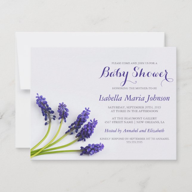 Invitation Baby shower floral pourpre de la Raisin-Jacinthe | (Devant)
