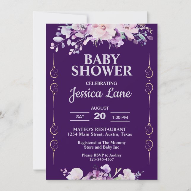Invitation Baby shower floral pourpre foncé (Devant)