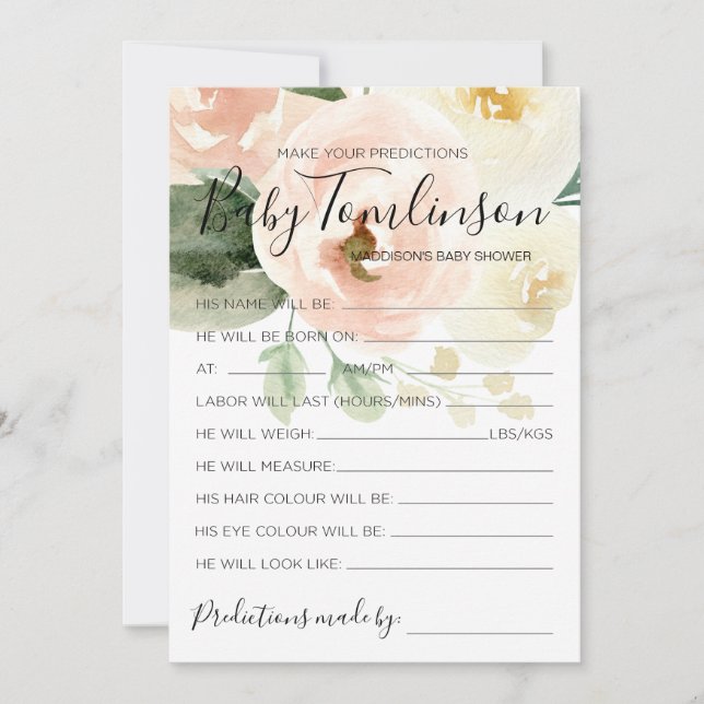 Invitation Baby shower floral prédictions Guest Card (Devant)