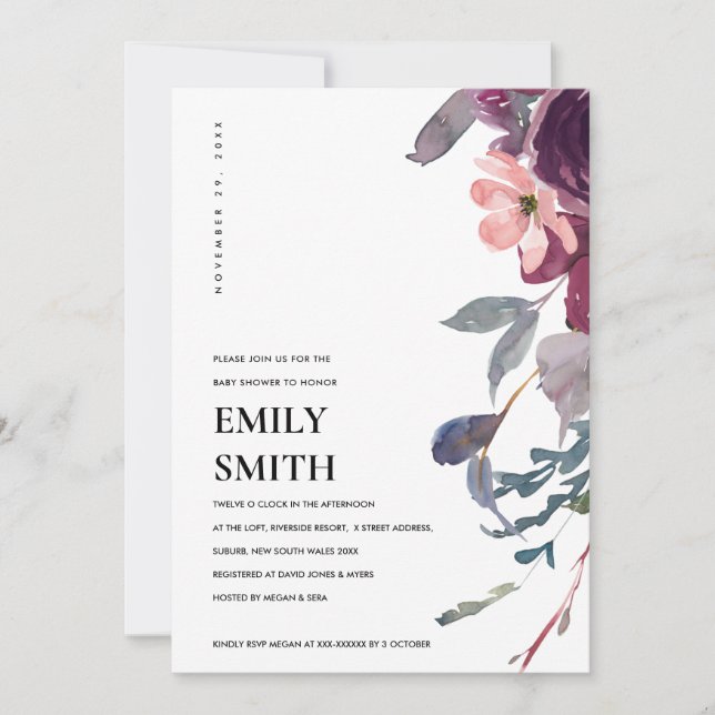 INVITATION BABY SHOWER FLORAL PURPLE LILAC DOUX (Devant)