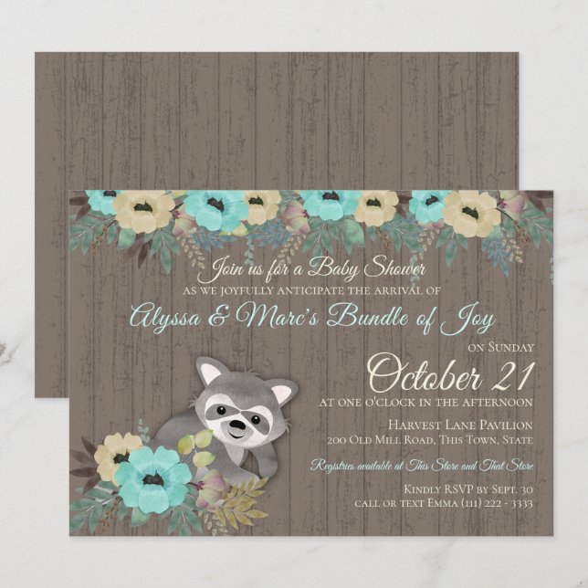 Invitation Baby shower Floral Raccoon (Devant / Derrière)