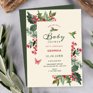 Invitation Baby shower floral ramée de baies