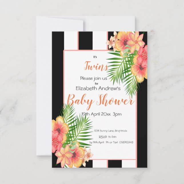 Invitation Baby shower floral rayé Twins (Devant)