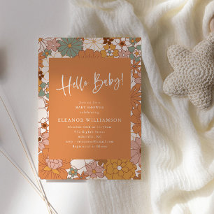 Invitation Baby Shower Floral Rétro Chaud Orange Vintage Auto