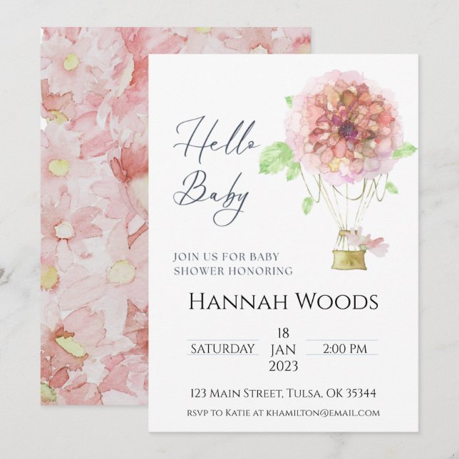 Invitation Baby shower floral rose à bulle d'air chaud (Devant / Derrière)