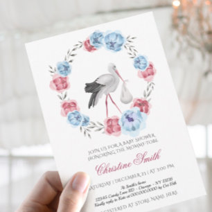 Invitation Baby Shower Floral Rose Blush Et Bleu Hiver