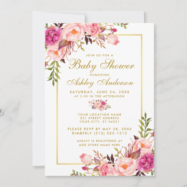 Invitation Baby shower Floral Rose Blush or (Devant)