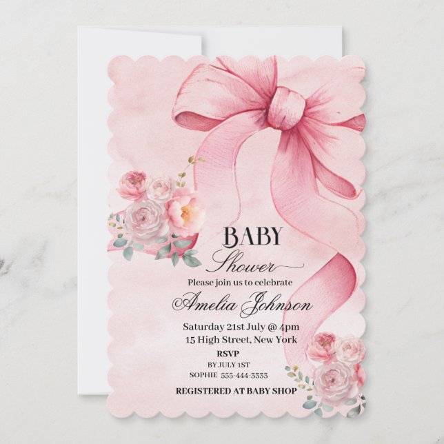Invitation Baby shower Floral Rose Bow Girl (Devant)