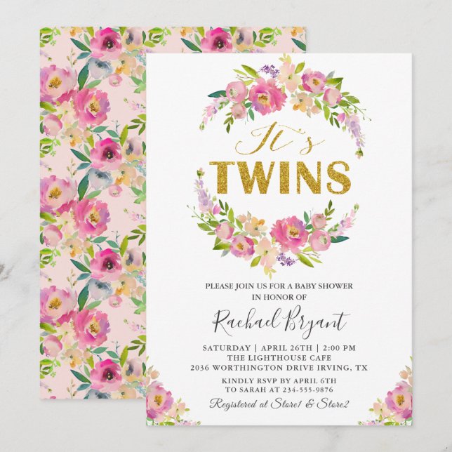 Invitation Baby shower floral rose Chic Twins (Devant / Derrière)