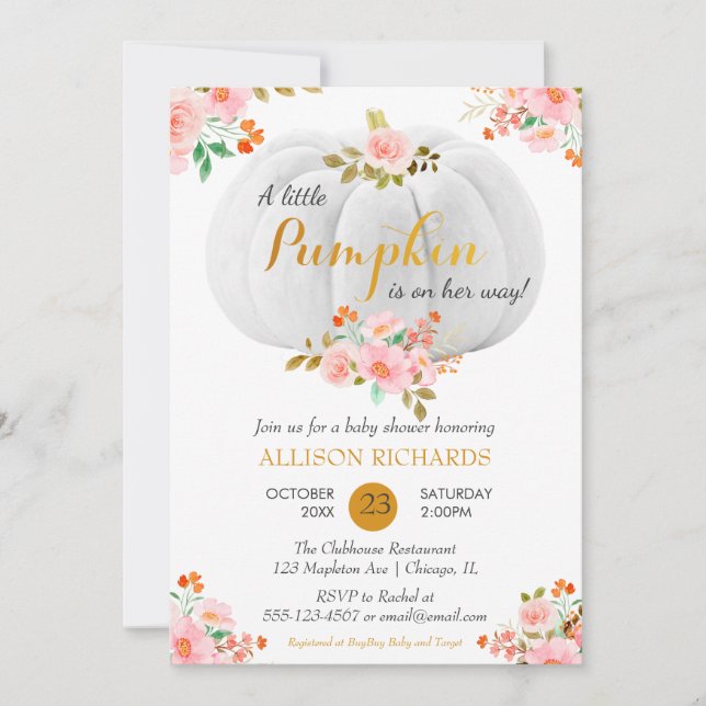 Invitation Baby shower Floral Rose Citrouille d'or (Devant)