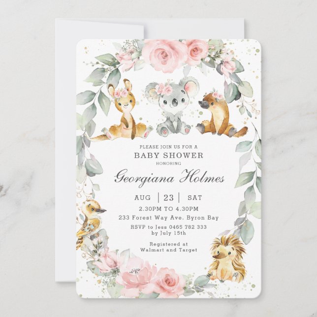 Invitation Baby shower Floral Rose d'Animaux australiens (Devant)