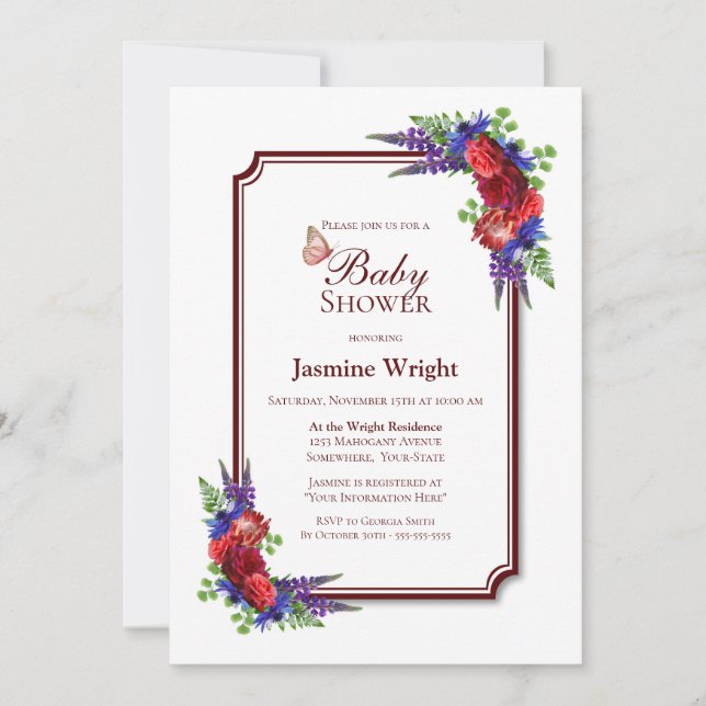 Invitation Baby shower Floral Rose de Bourgogne (Devant)