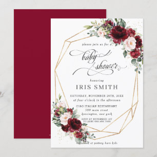 Invitation Baby shower floral rose de Bourgogne géométrique