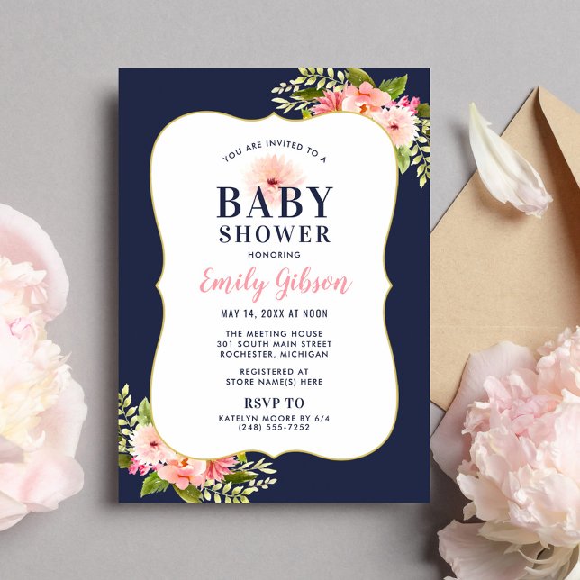 Invitation Baby shower floral rose de la marine Blush (Créateur téléchargé)