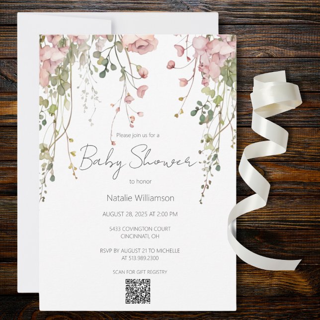 Invitation Baby shower floral rose délicat Code QR (Also available without QR code. )
