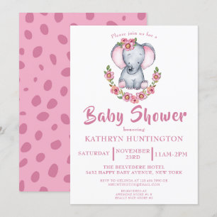 Invitation Baby shower Floral rose Eléphant mignon